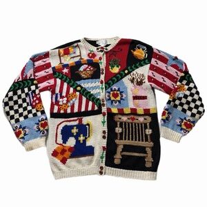 VTG 90s HandKnit Easter Bunnies Sewing Cottage Core Patchwork Cardigan Sweater M